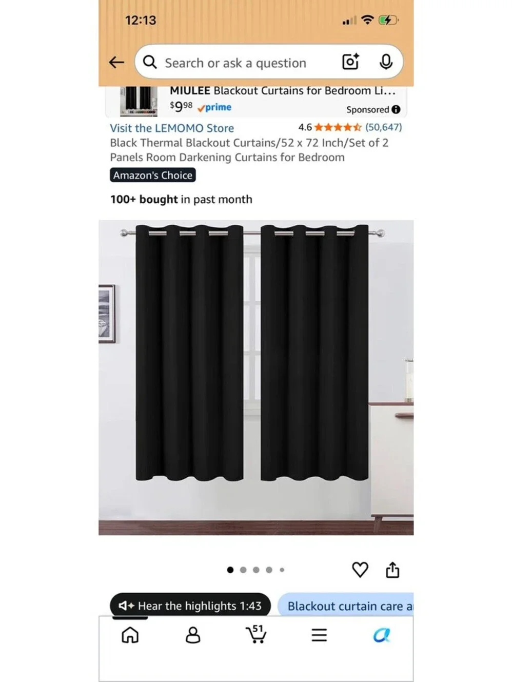 Blackout Curtains 52 x 72 inches Long Black Curtains Set of 2 Panels Thermal